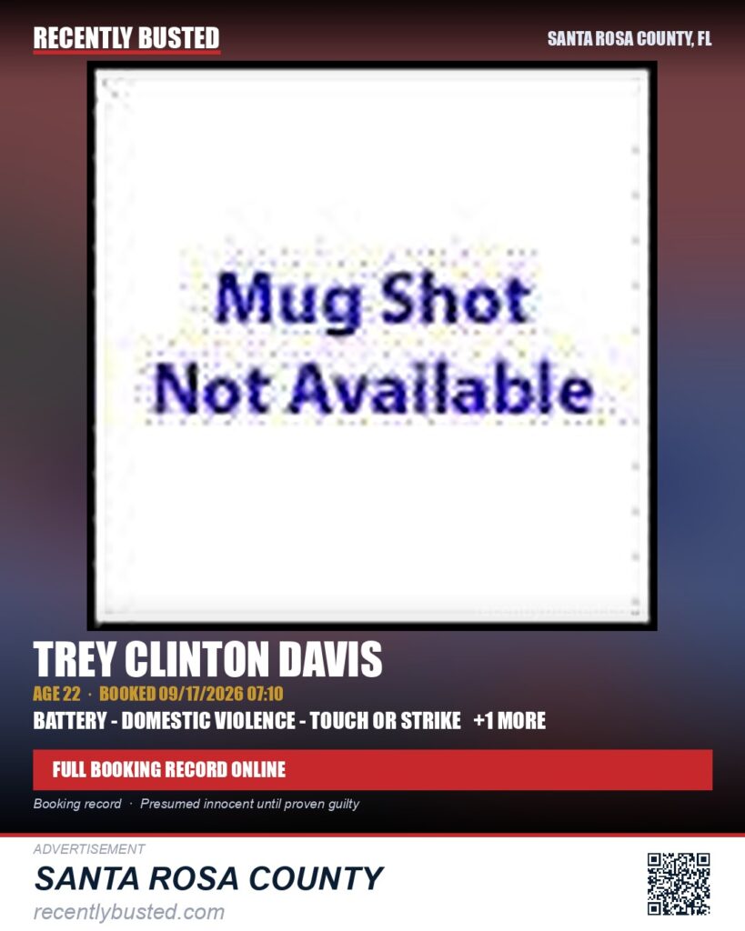 Trey Clinton Davis — arrest record card, Santa Rosa County, Florida