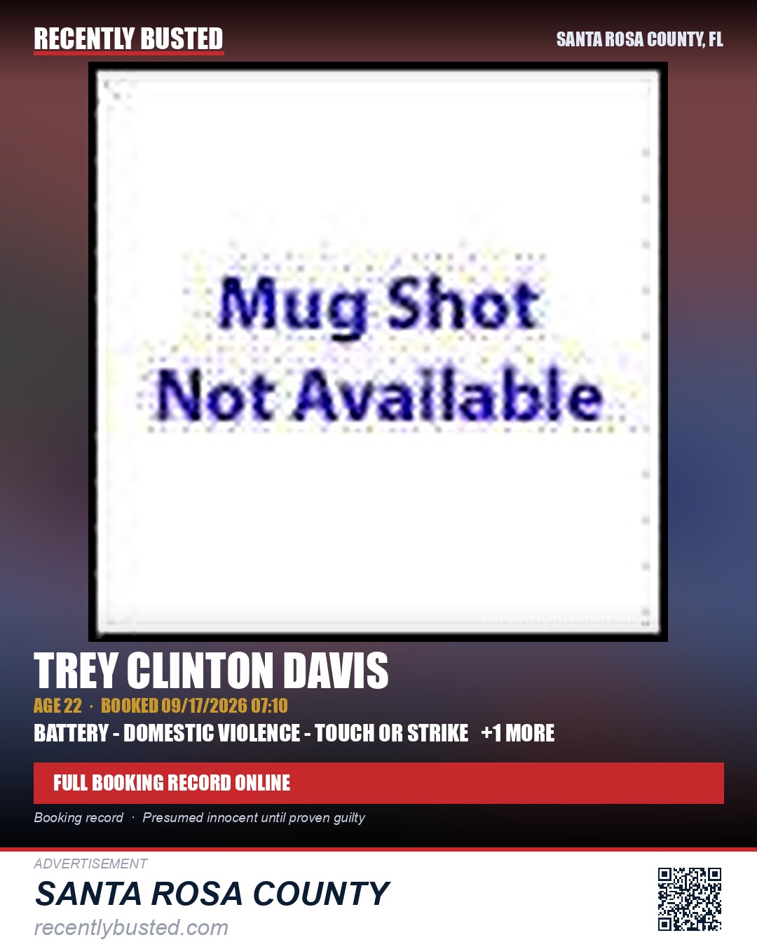 Trey Clinton Davis — arrest record card, Santa Rosa County, Florida