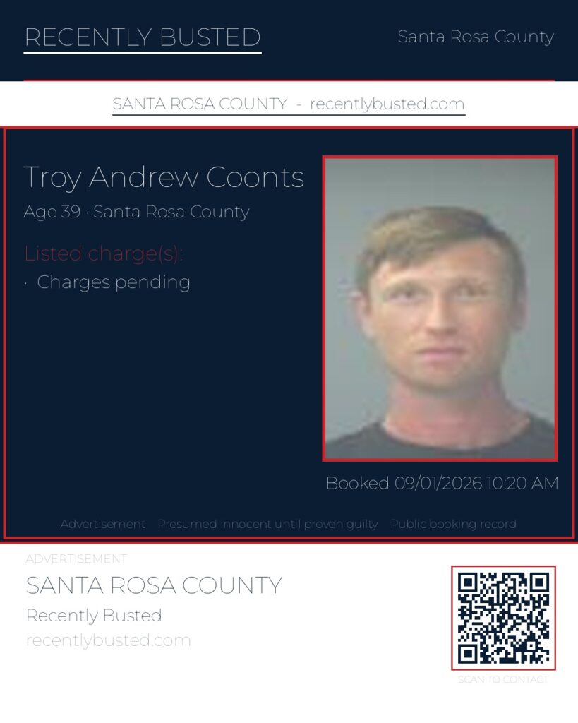 Troy Andrew Coonts — arrest record card, Santa Rosa County, Florida