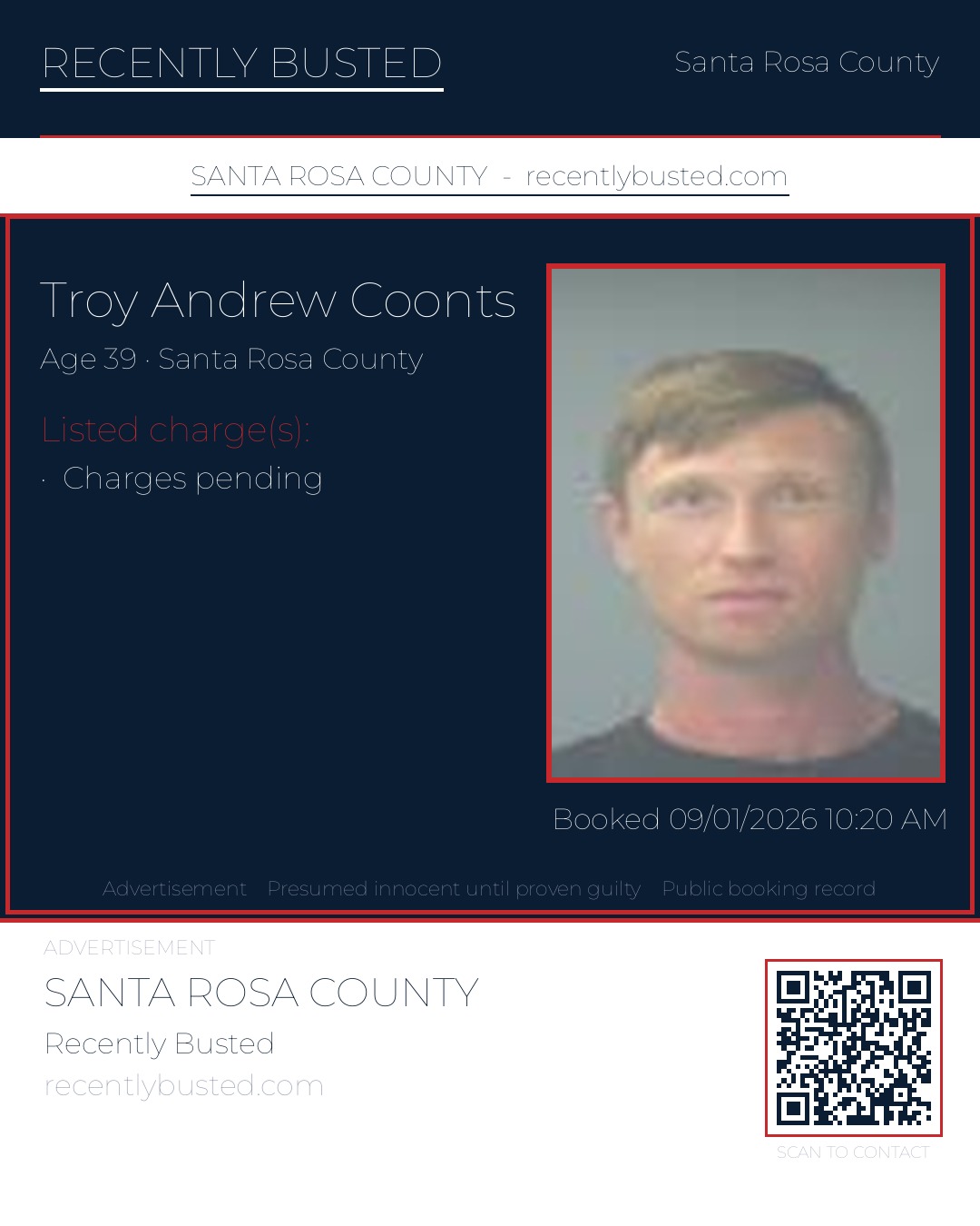 Troy Andrew Coonts — arrest record card, Santa Rosa County, Florida