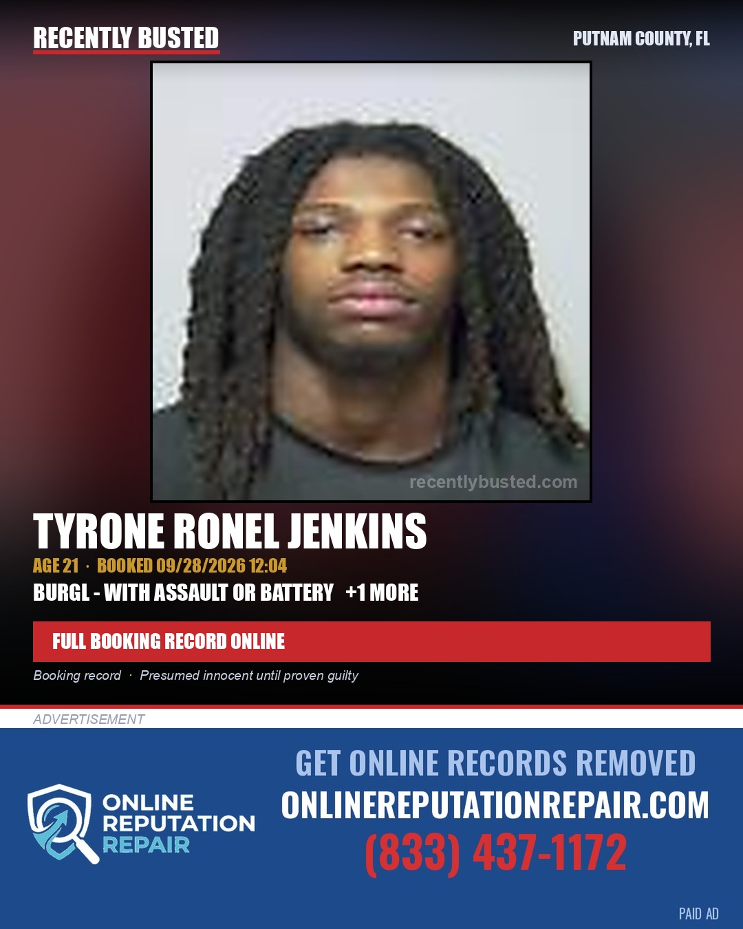 Tyrone Ronel Jenkins — arrest record card, Putnam County, Florida