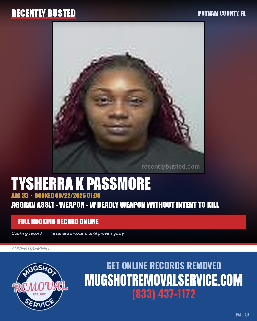 Tysherra K Passmore — arrest record card, Putnam County, Florida