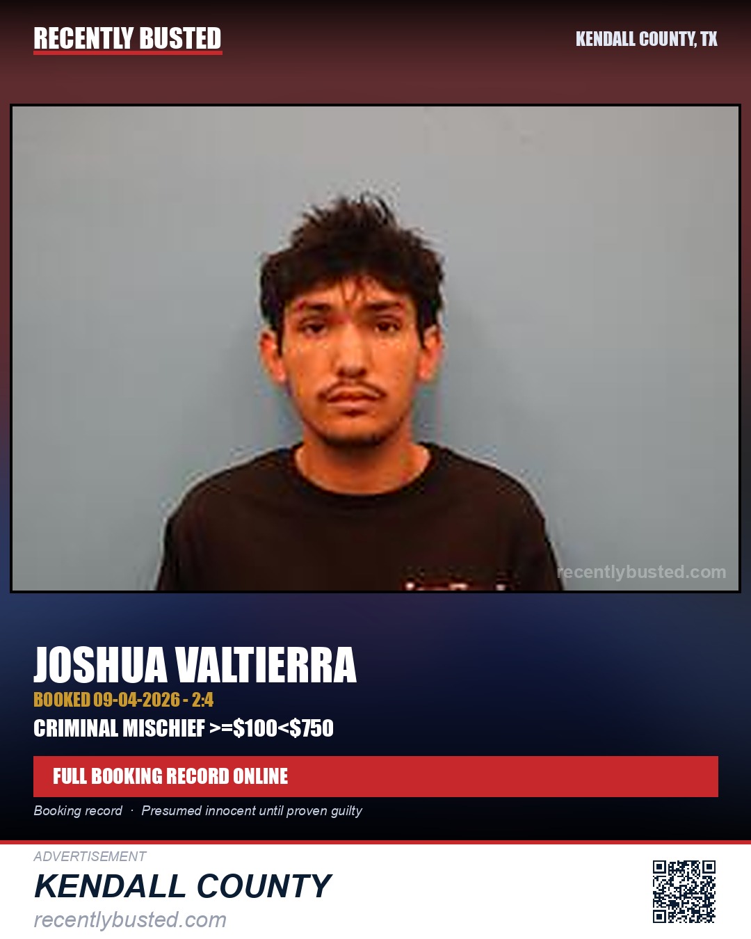 Valtierra, Joshua — arrest record card, Kendall County, Texas