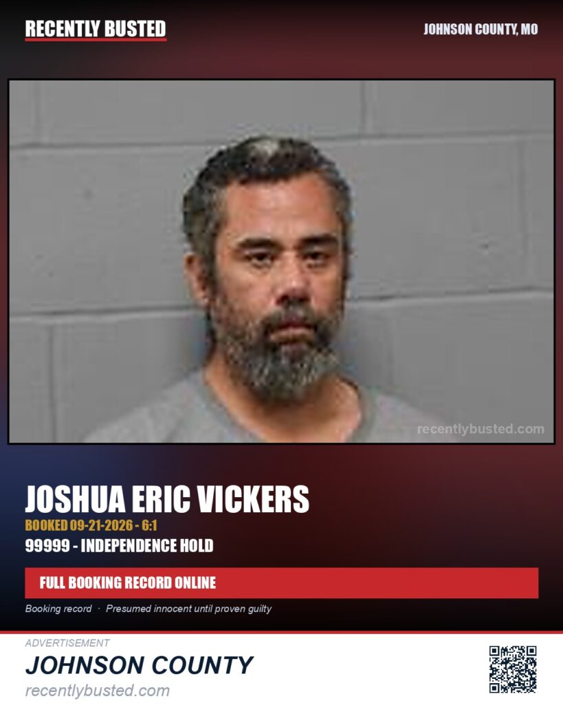VICKERS, JOSHUA ERIC — arrest record card, Johnson County, Missouri