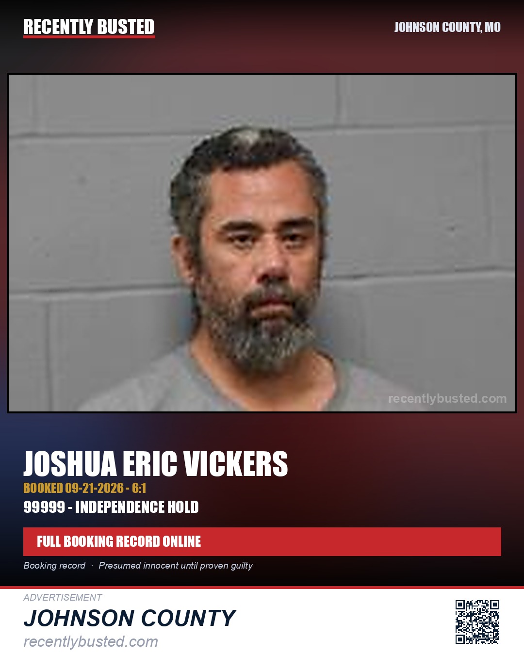 VICKERS, JOSHUA ERIC — arrest record card, Johnson County, Missouri