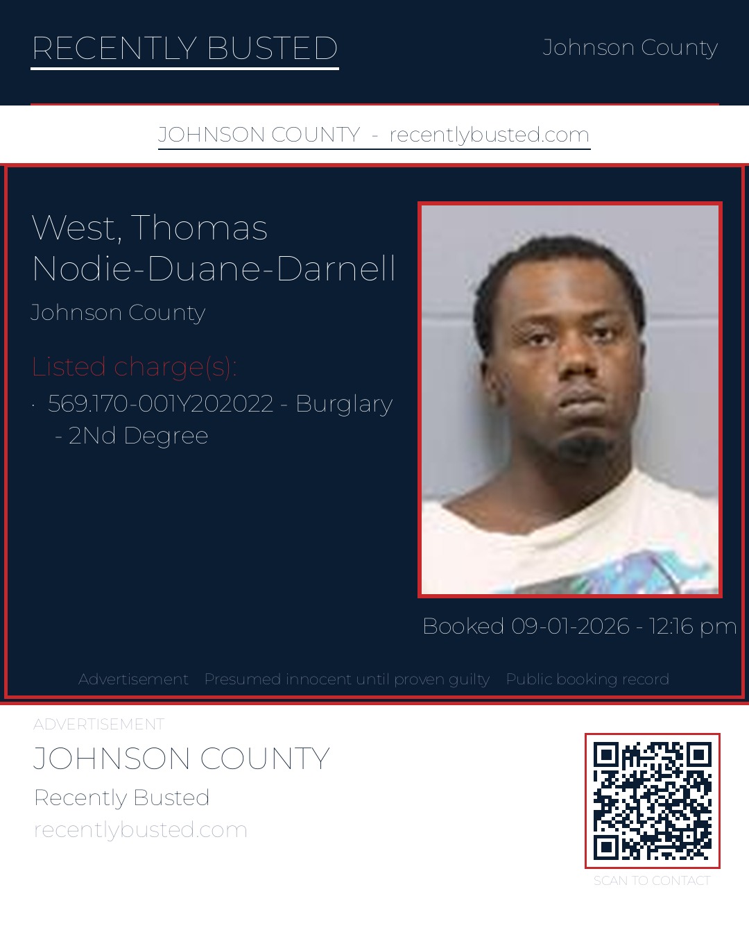 WEST, THOMAS NODIE-DUANE-DARNELL — arrest record card, Johnson County, Missouri