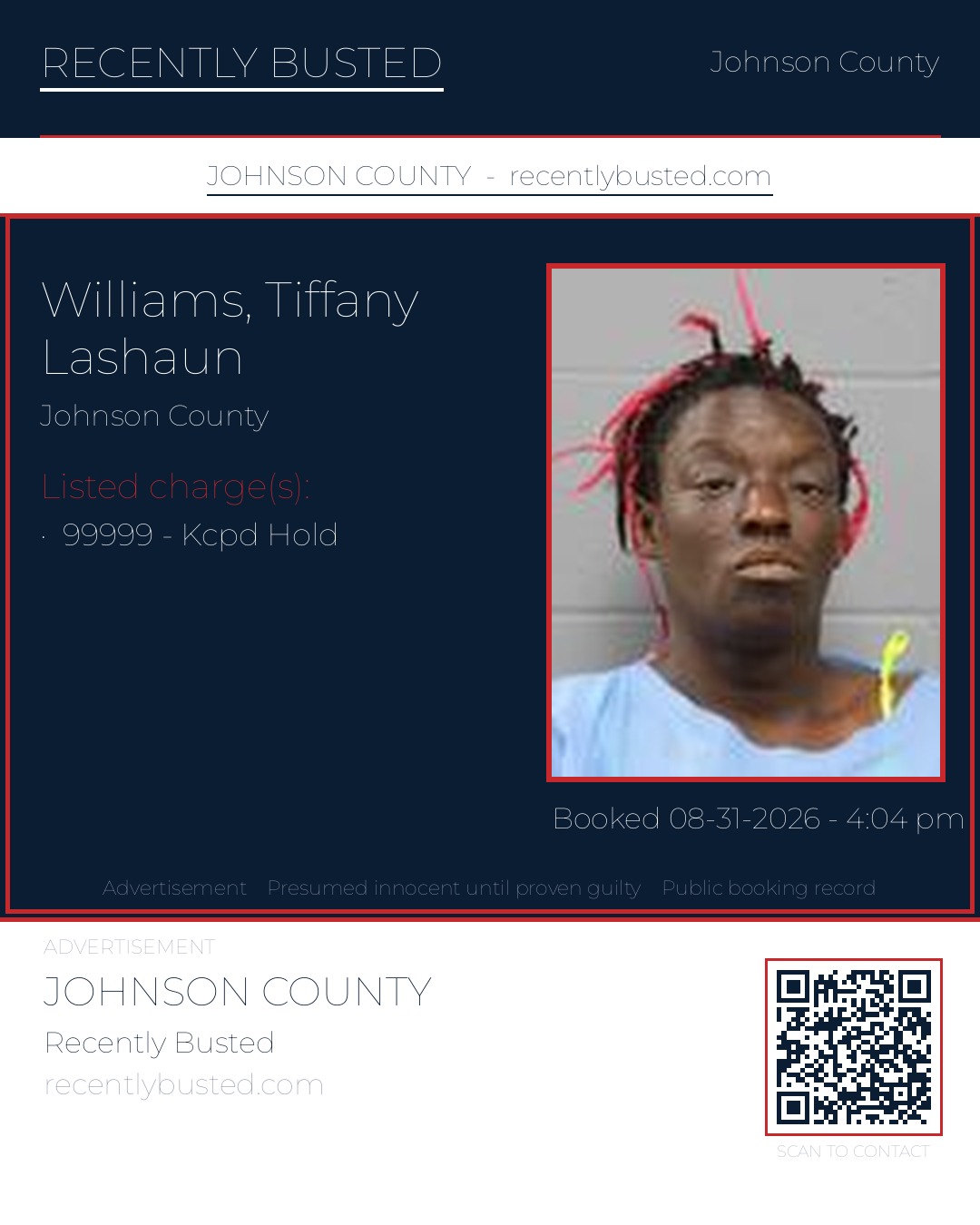 WILLIAMS, TIFFANY LASHAUN — arrest record card, Johnson County, Missouri