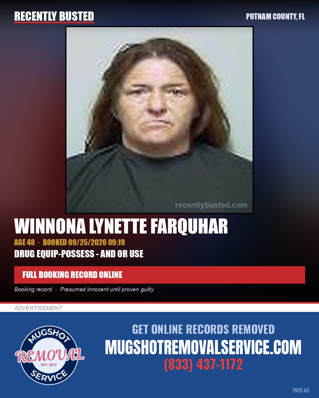 Winnona Lynette Farquhar — arrest record card, Putnam County, Florida