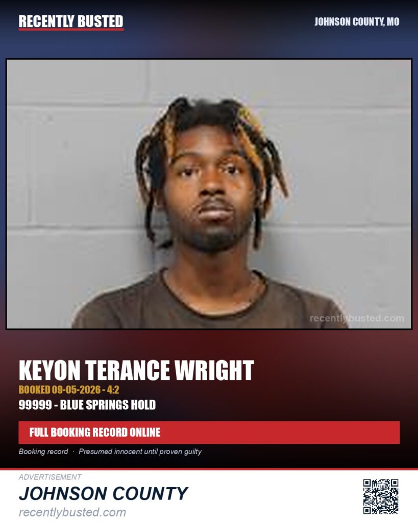 WRIGHT, KEYON TERANCE — arrest record card, Johnson County, Missouri