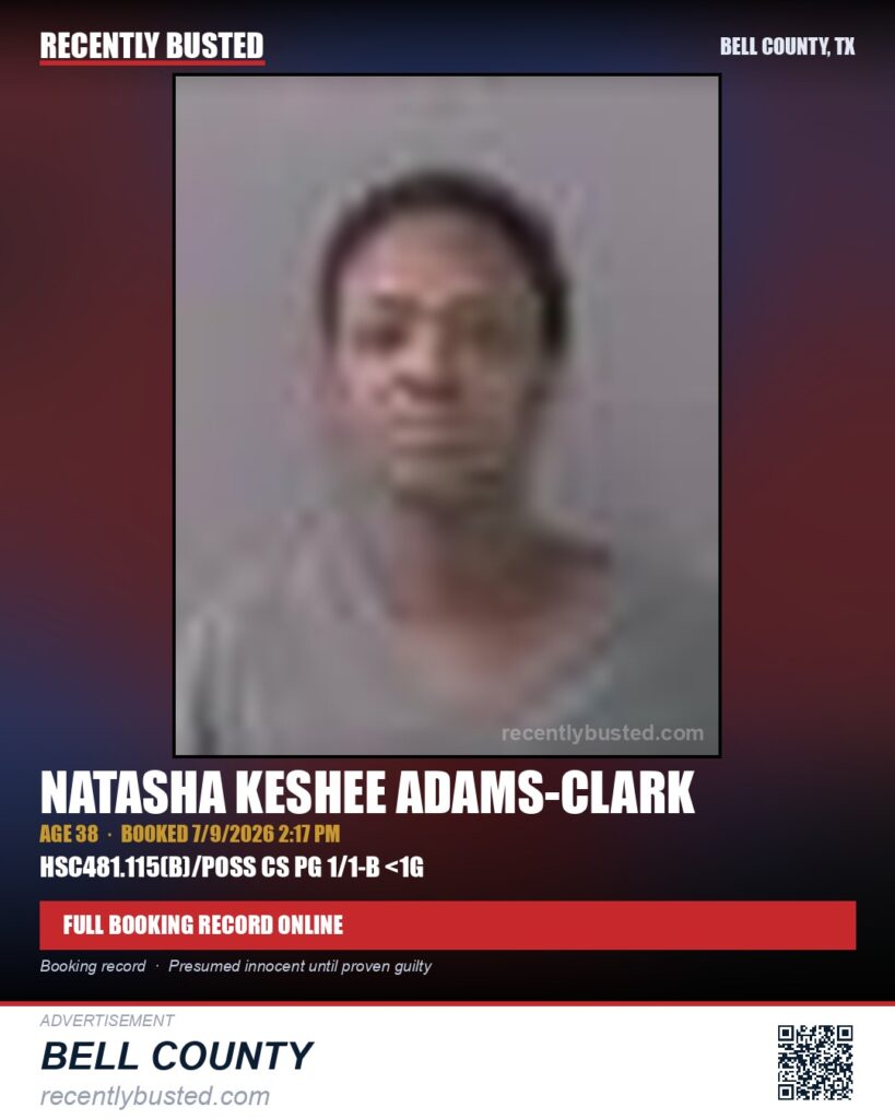 ADAMS-CLARK, NATASHA KESHEE — arrest record card, Bell County, Texas