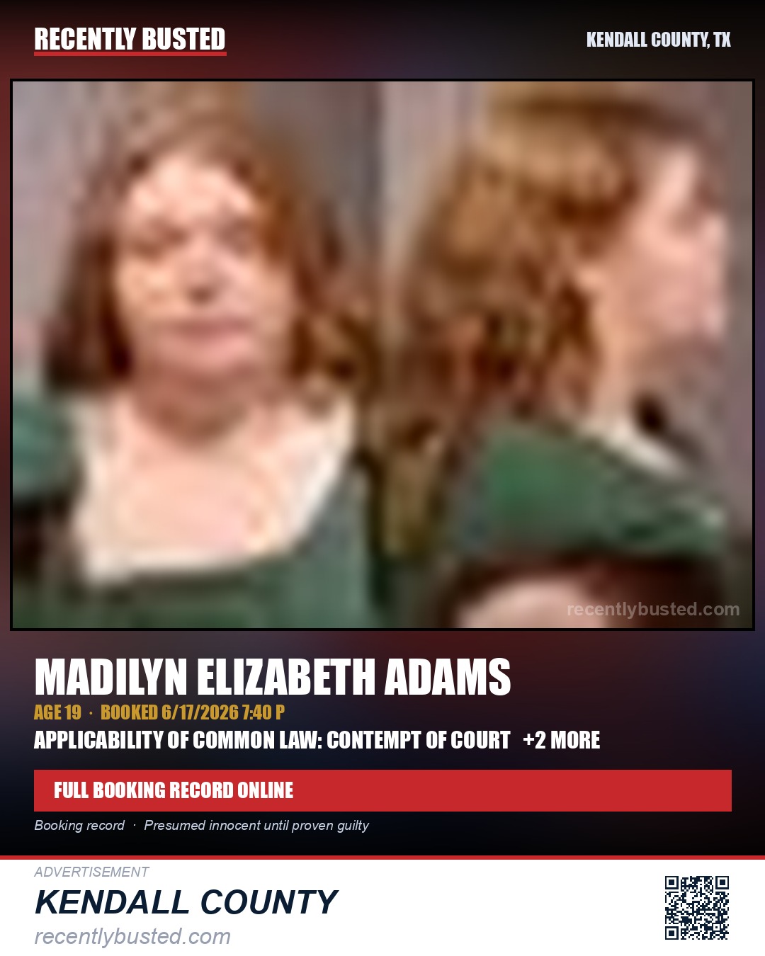 ADAMS, MADILYN ELIZABETH — arrest record card, Kendall County, Illinois