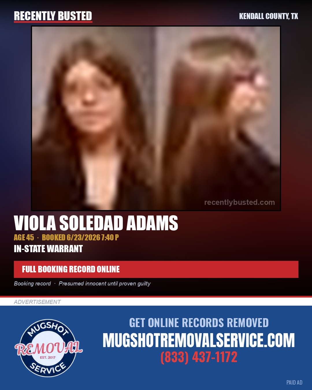ADAMS, VIOLA SOLEDAD — arrest record card, Kendall County, Illinois