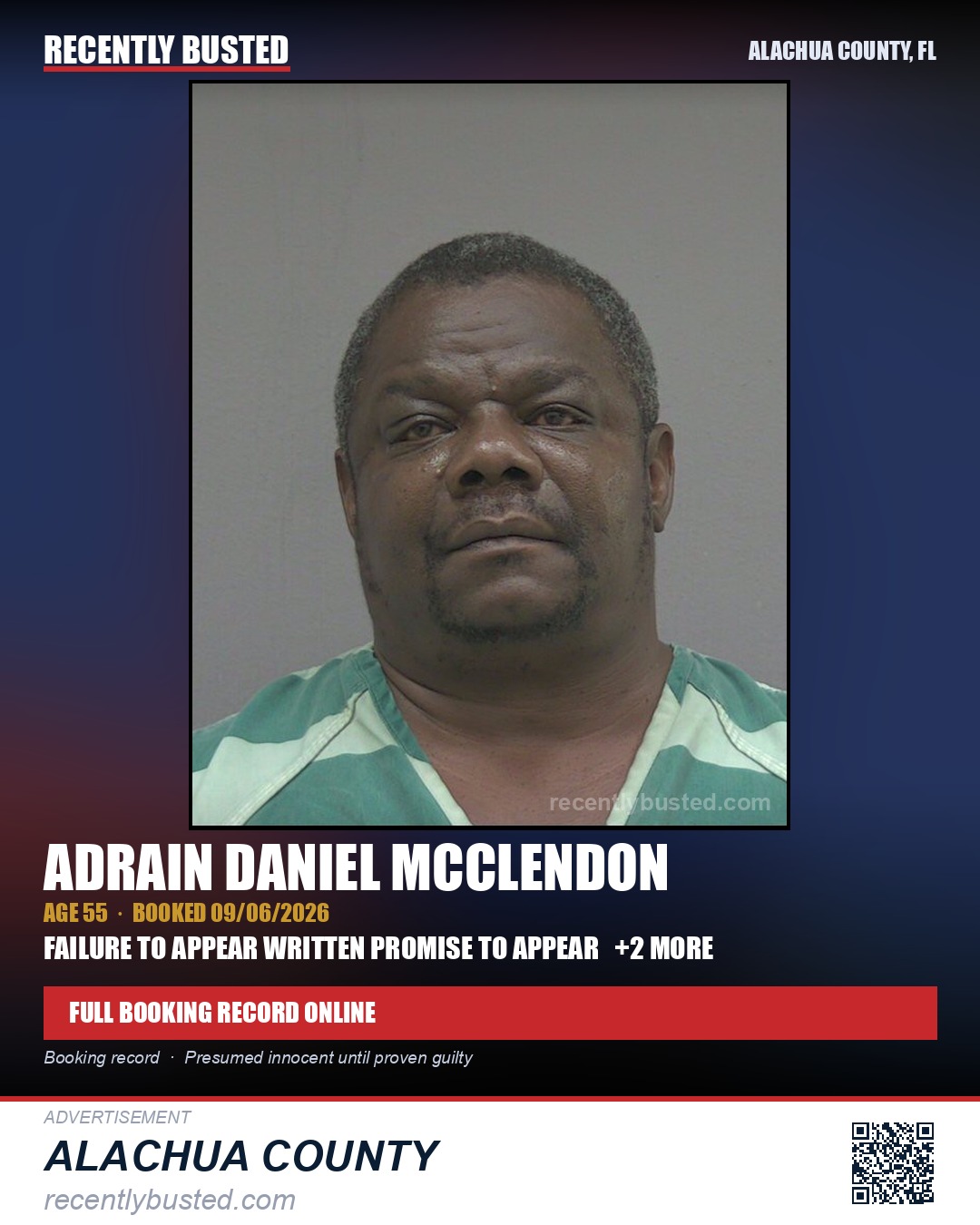 Adrain Daniel Mcclendon — arrest record card, Alachua County, Florida