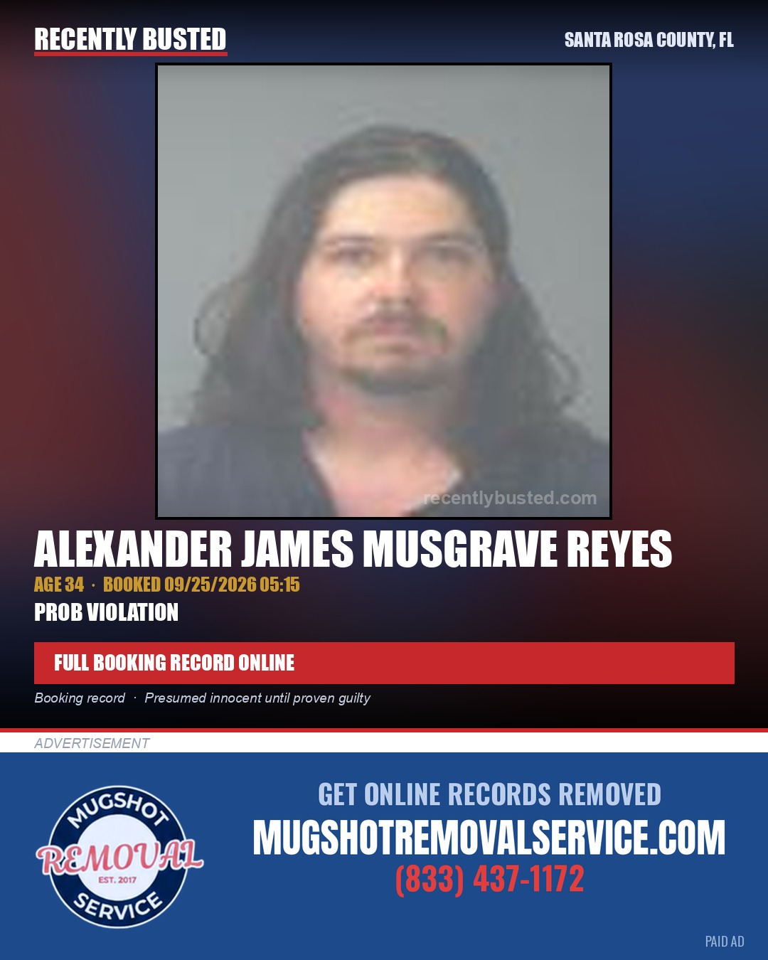 Alexander James Musgrave Reyes — arrest record card, Santa Rosa County, Florida