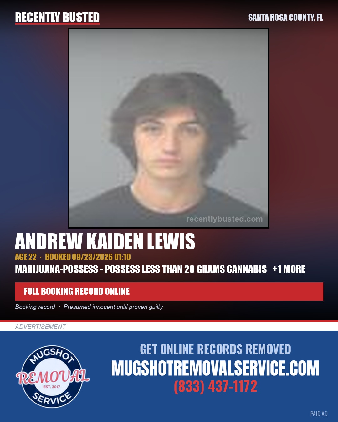 Andrew Kaiden Lewis — arrest record card, Santa Rosa County, Florida