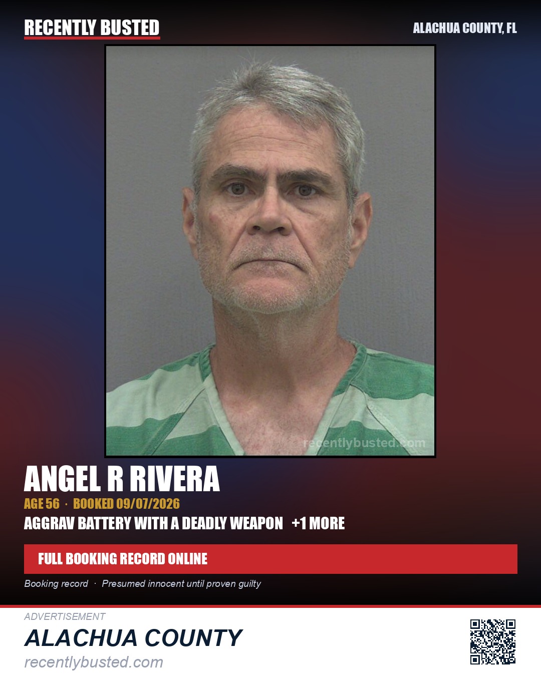Angel R Rivera — arrest record card, Alachua County, Florida