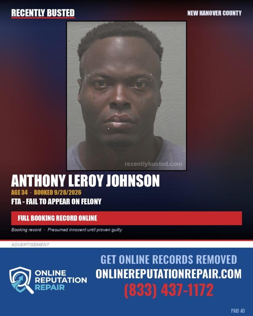 ANTHONY LEROY JOHNSON — arrest record card, New Hanover