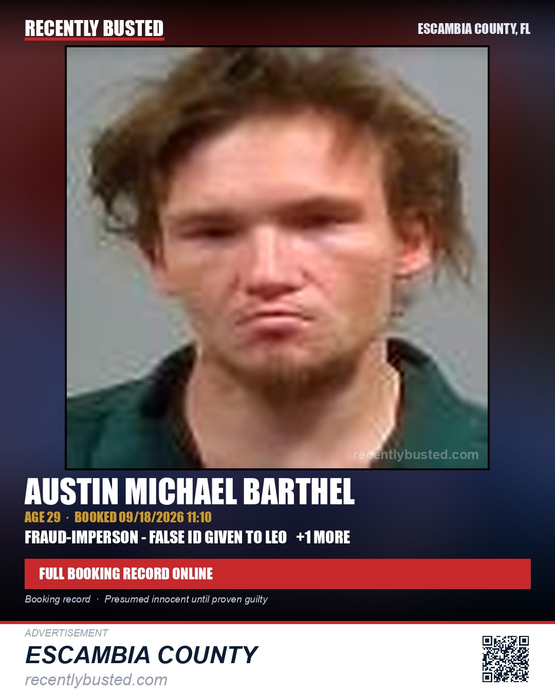 Austin Michael Barthel — arrest record card, Escambia County, Florida
