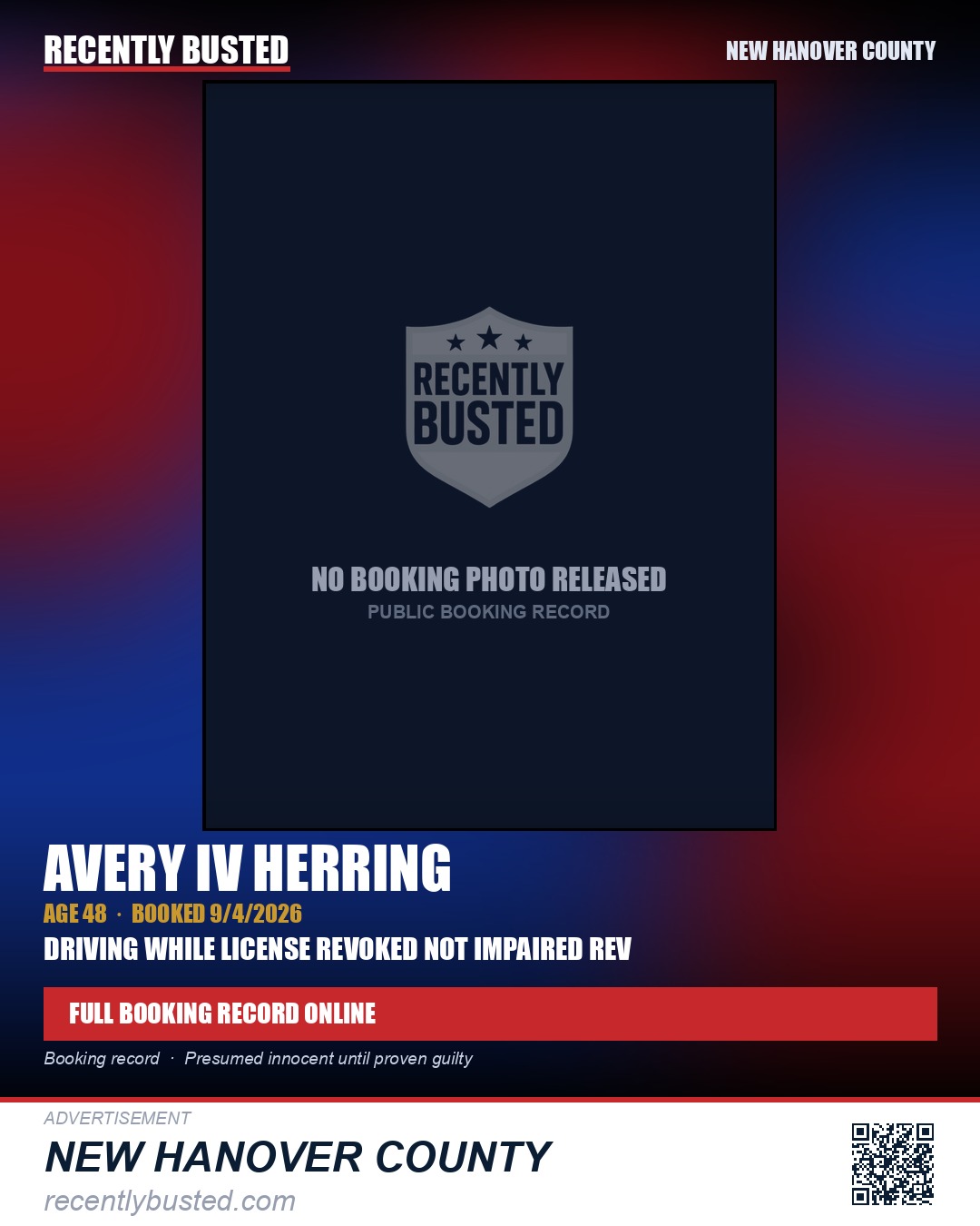 AVERY IV HERRING — arrest record card, New Hanover County