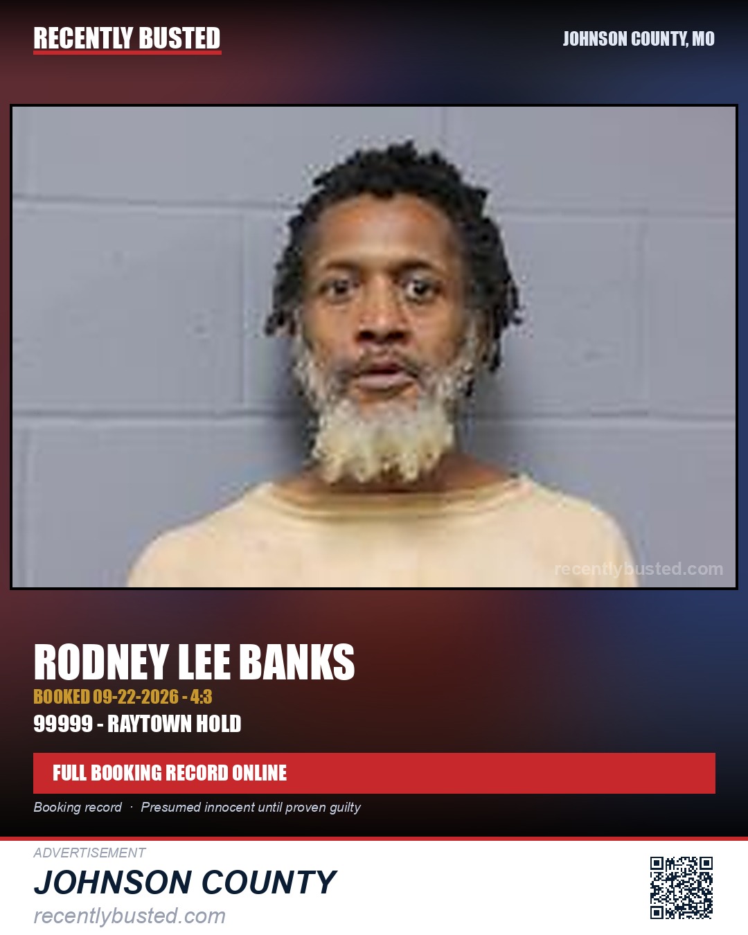 BANKS, RODNEY LEE — arrest record card, Johnson County, Missouri