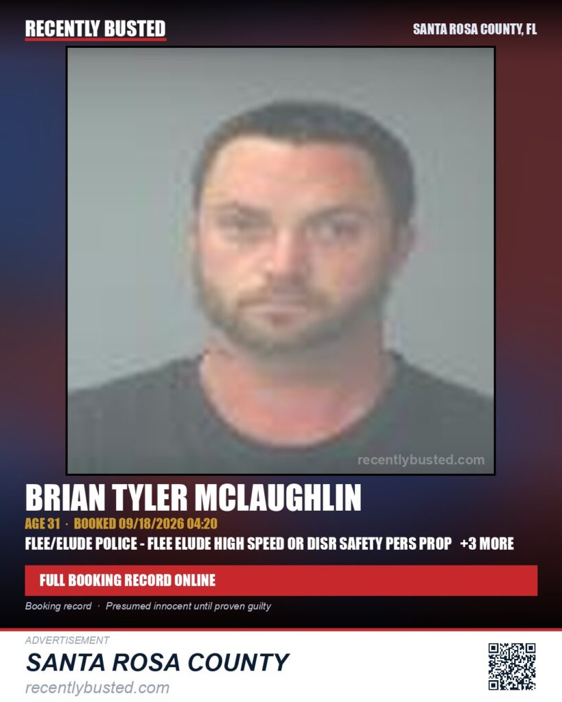 Brian Tyler Mclaughlin — arrest record card, Santa Rosa County, Florida