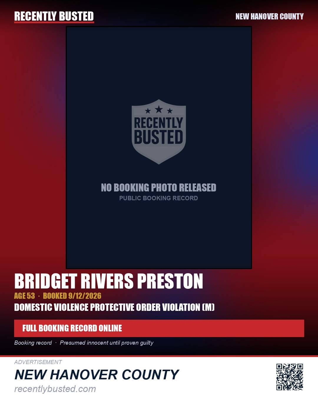 BRIDGET RIVERS PRESTON — arrest record card, New Hanover County