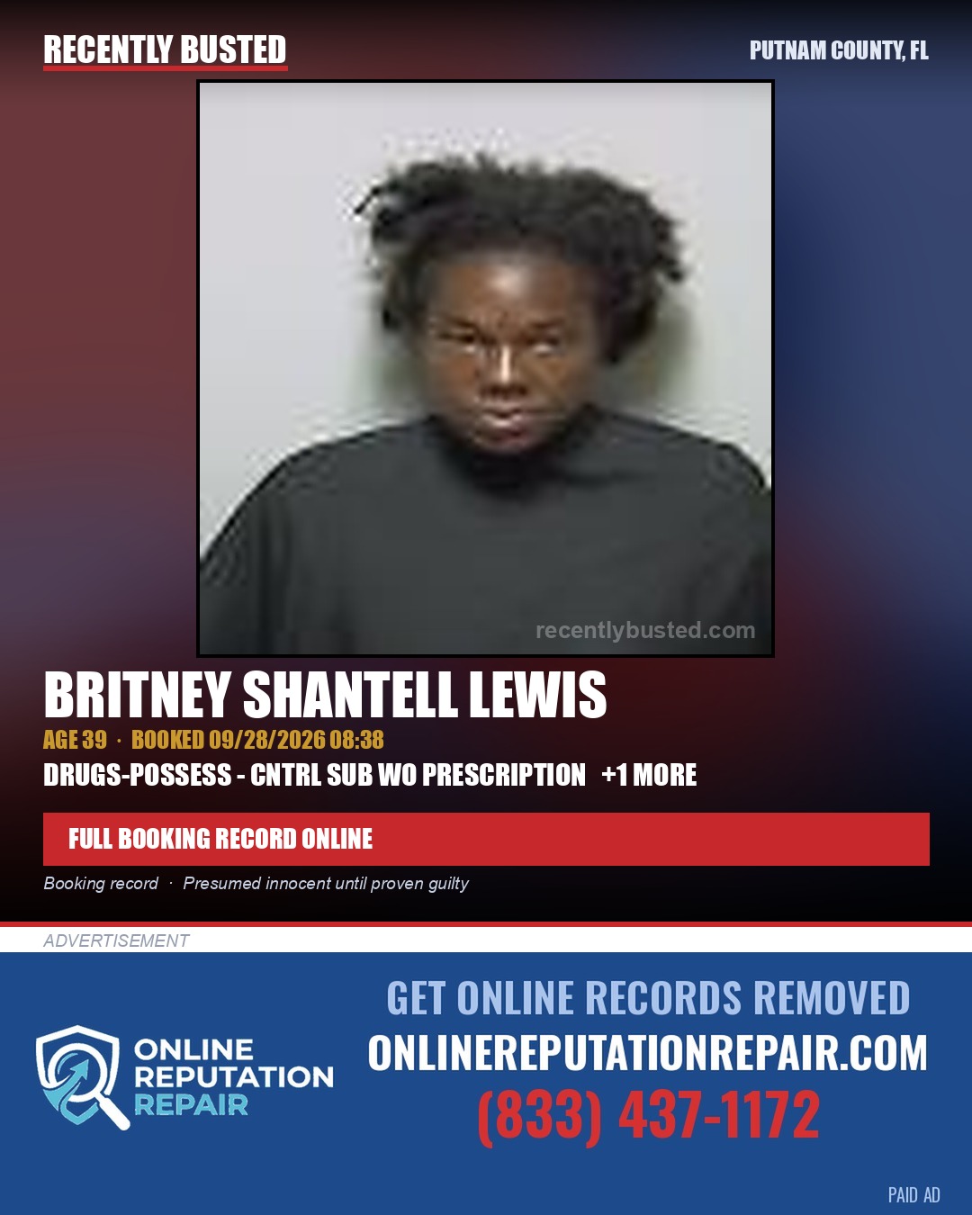 Britney Shantell Lewis — arrest record card, Putnam County, Florida