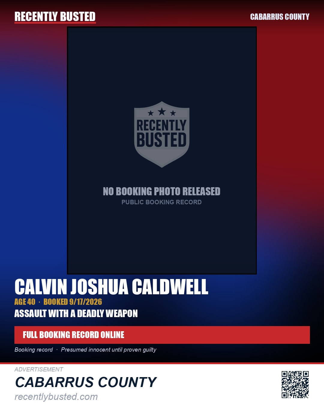 CALVIN JOSHUA CALDWELL — arrest record card, Cabarrus County