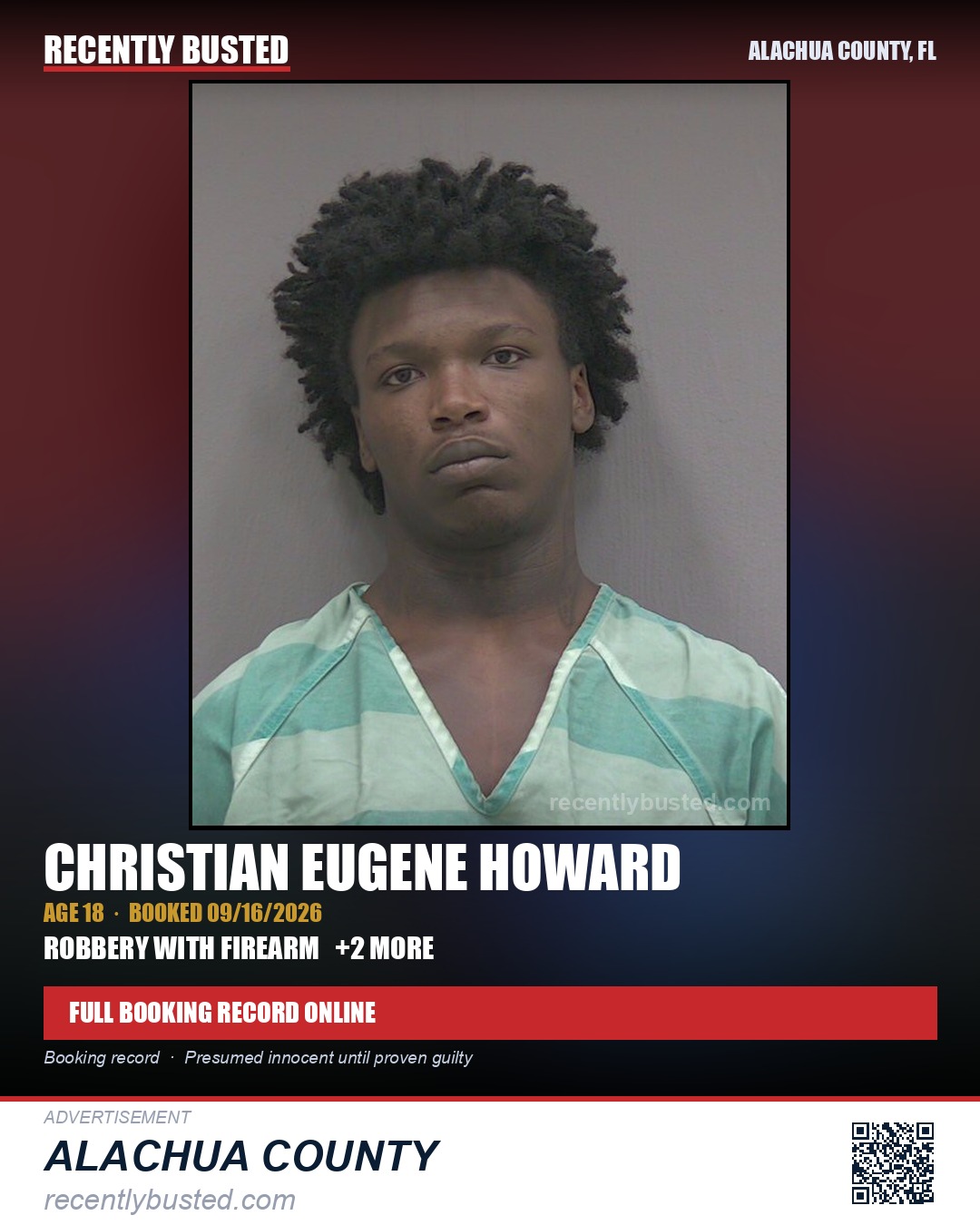 Christian Eugene Howard — arrest record card, Alachua County, Florida