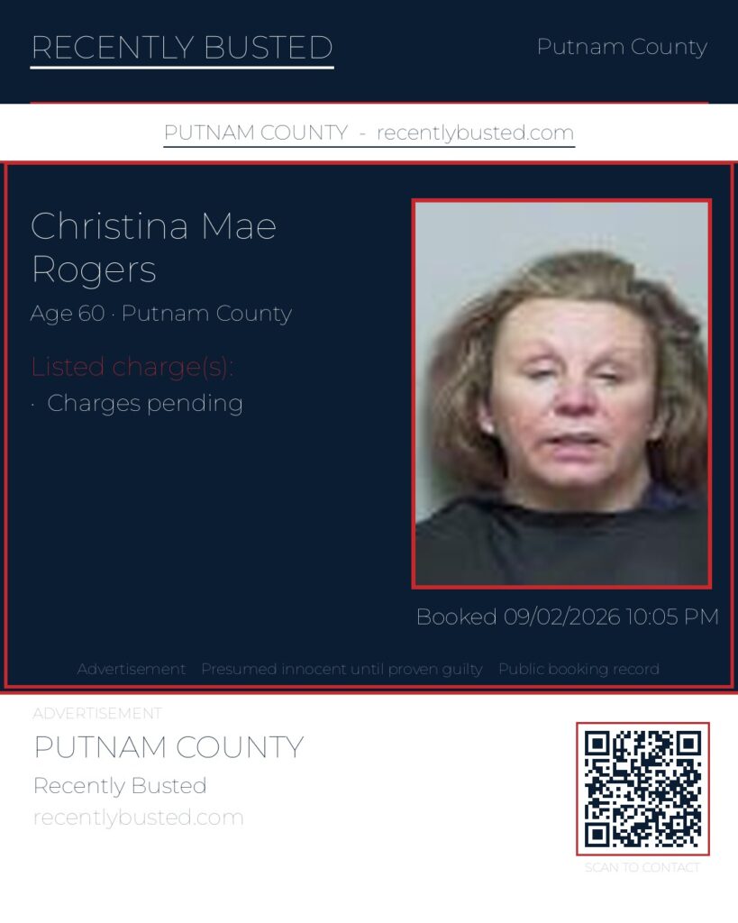 Christina Mae Rogers — arrest record card, Putnam County, Florida
