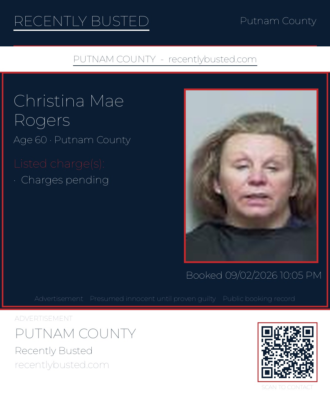 Christina Mae Rogers — arrest record card, Putnam County, Florida