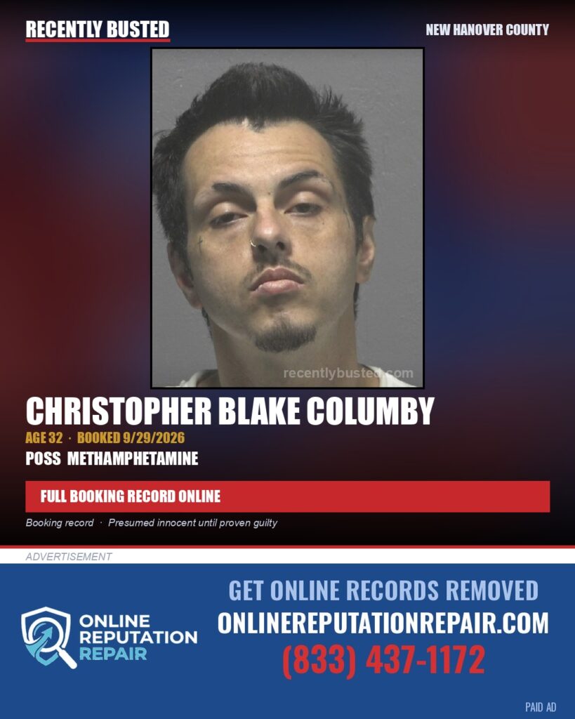 CHRISTOPHER BLAKE COLUMBY — arrest record card, New Hanover