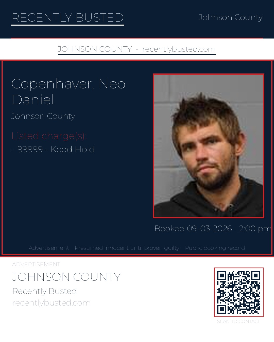 COPENHAVER, NEO DANIEL — arrest record card, Johnson County, Missouri
