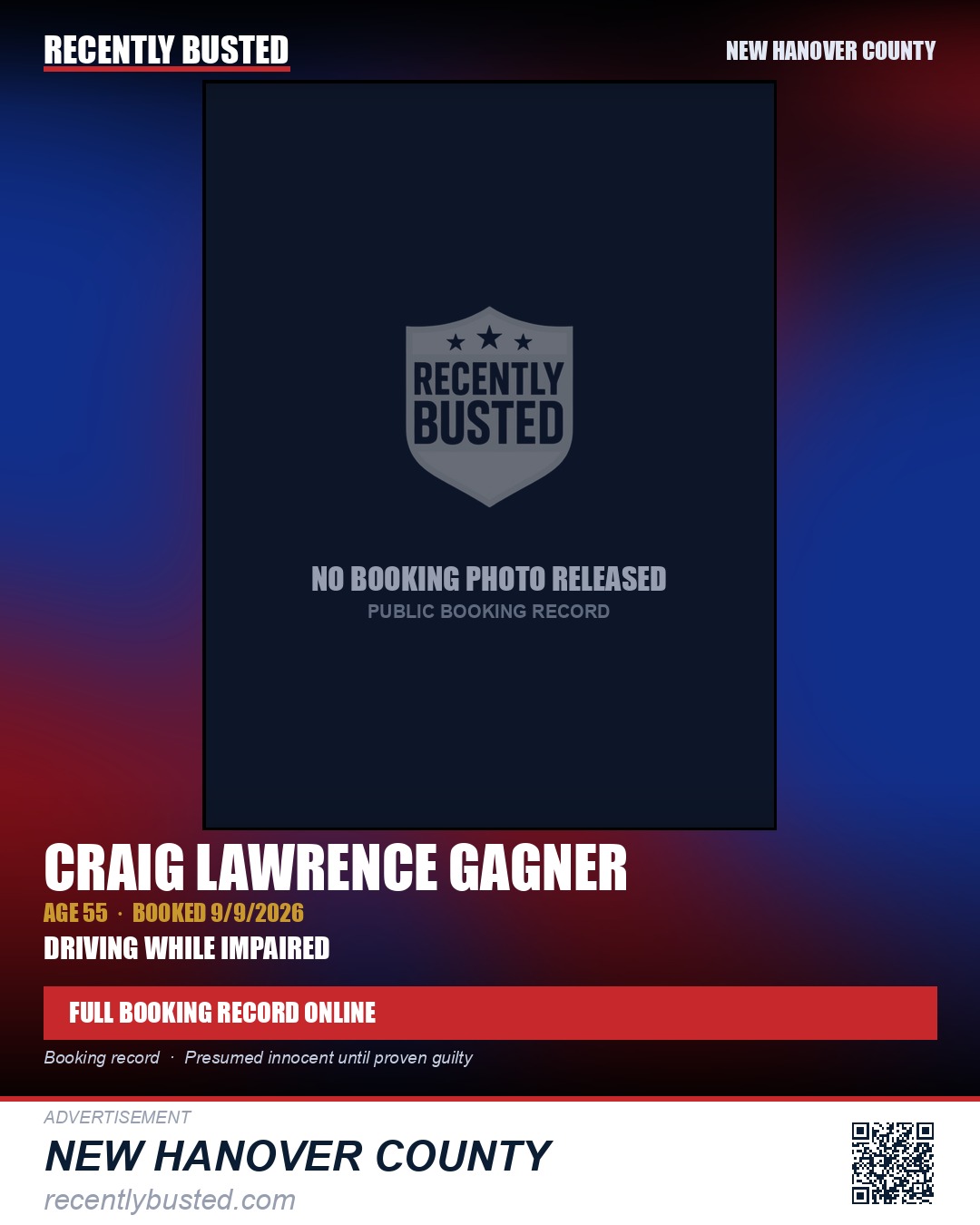 CRAIG LAWRENCE GAGNER — arrest record card, New Hanover County