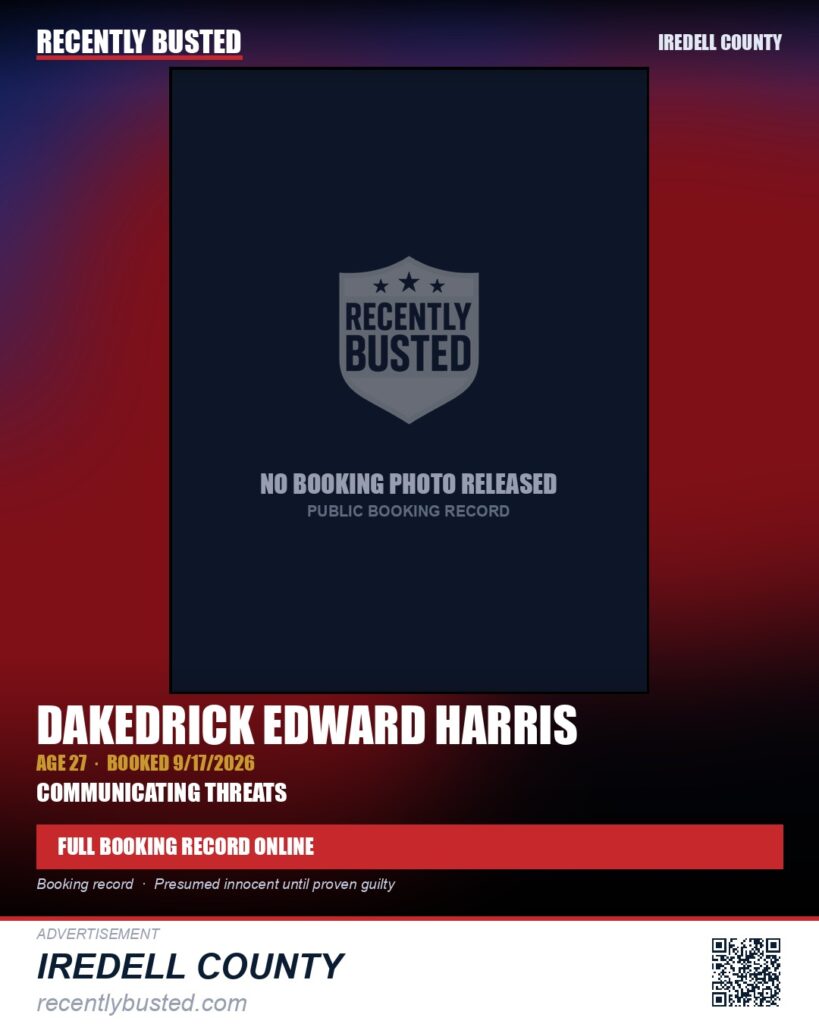 DAKEDRICK EDWARD HARRIS — arrest record card, Iredell County