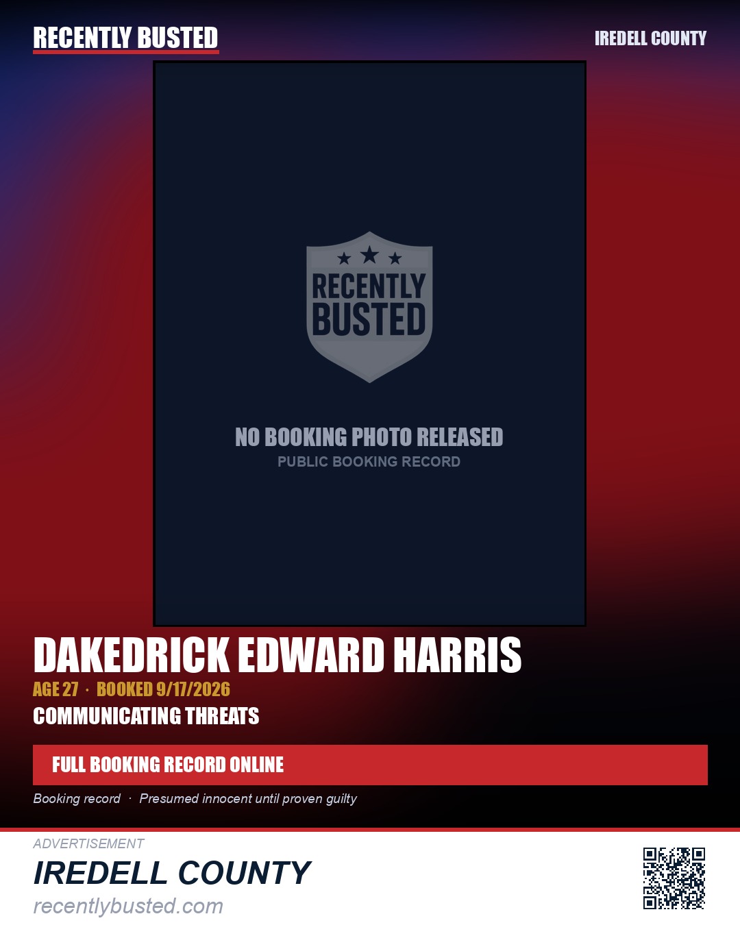 DAKEDRICK EDWARD HARRIS — arrest record card, Iredell County