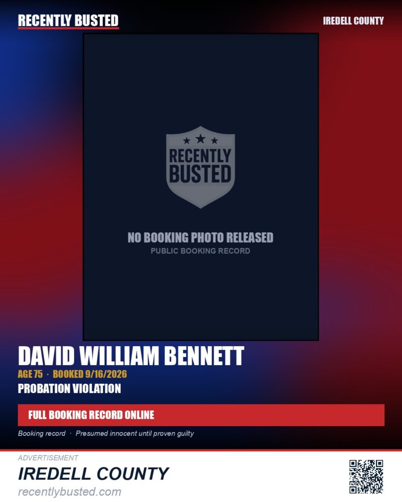 DAVID WILLIAM BENNETT — arrest record card, Iredell County