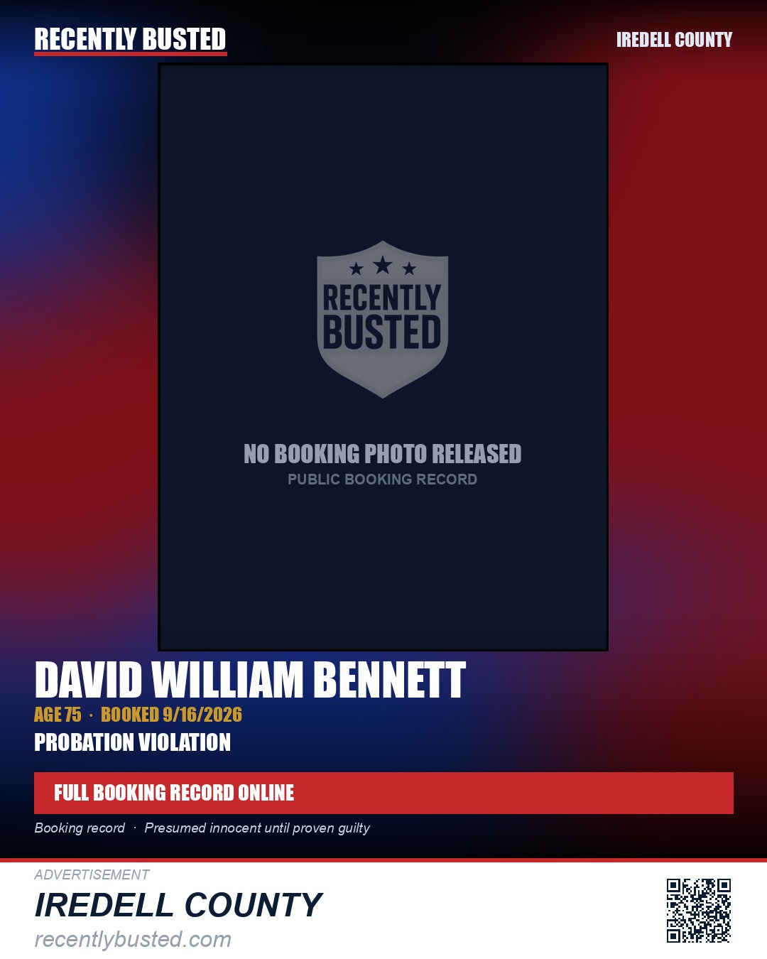 DAVID WILLIAM BENNETT — arrest record card, Iredell County