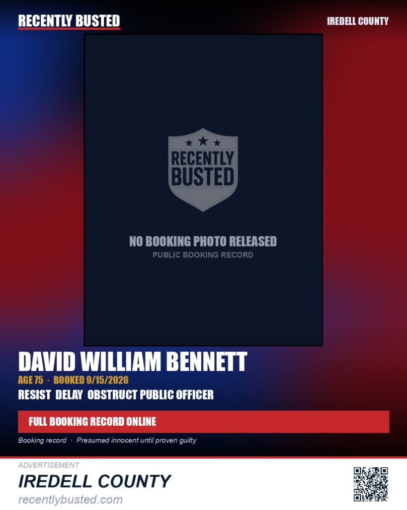 DAVID WILLIAM BENNETT — arrest record card, Iredell County