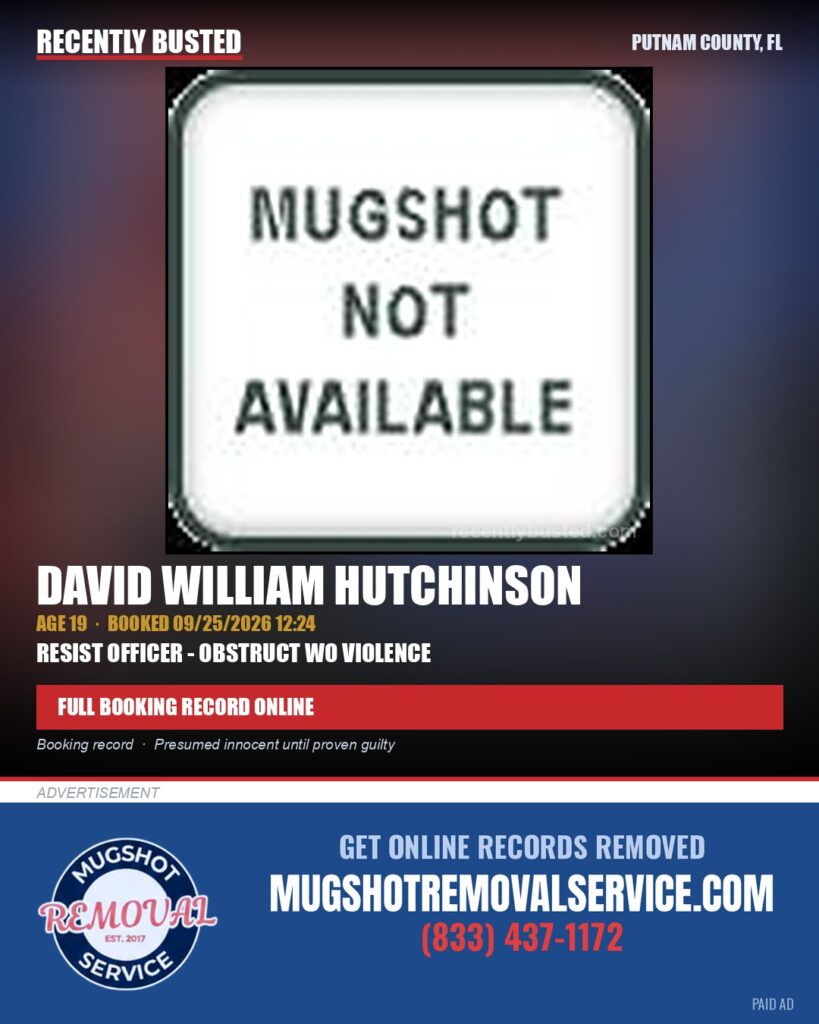 David William Hutchinson — arrest record card, Putnam County, Florida