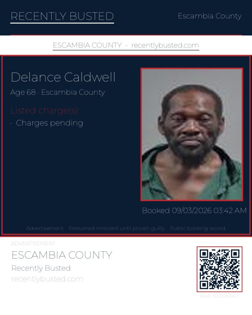 Delance Caldwell — arrest record card, Escambia County, Florida
