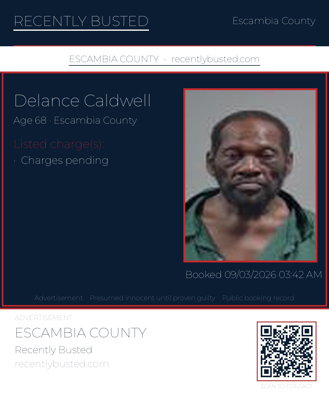 Delance Caldwell — arrest record card, Escambia County, Florida