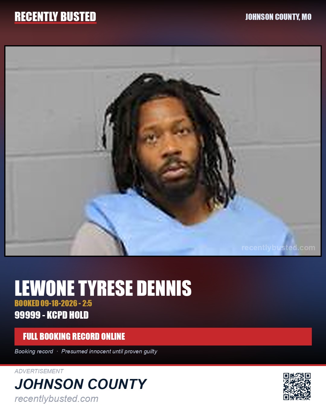 DENNIS, LEWONE TYRESE — arrest record card, Johnson County, Missouri