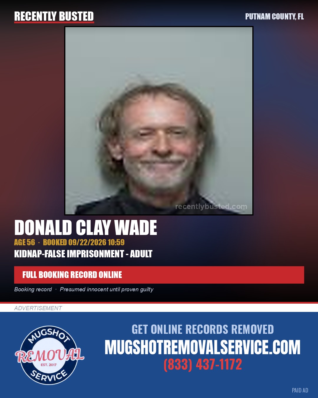 Donald Clay Wade — arrest record card, Putnam County, Florida