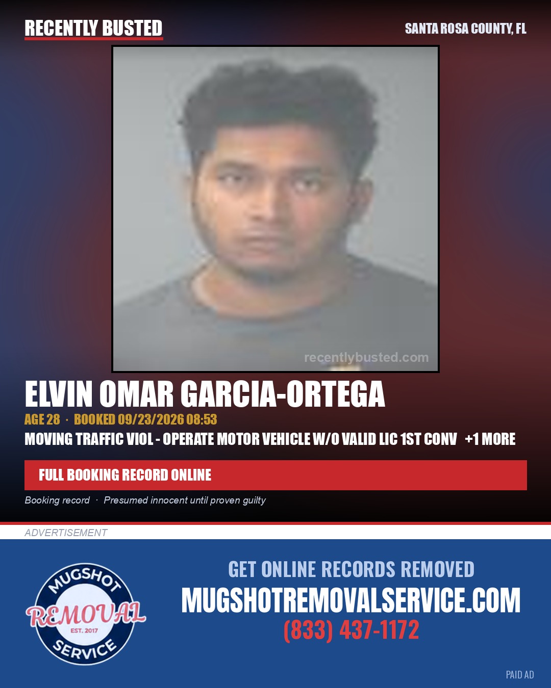 Elvin Omar Garcia-Ortega — arrest record card, Santa Rosa County, Florida