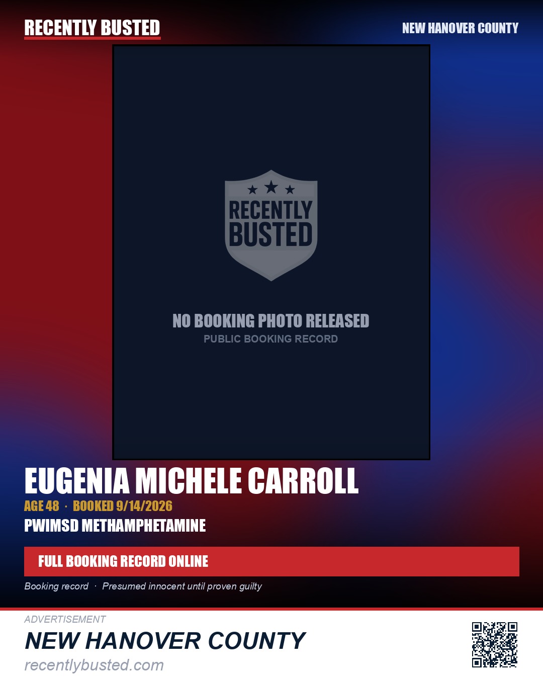 EUGENIA MICHELE CARROLL — arrest record card, New Hanover County