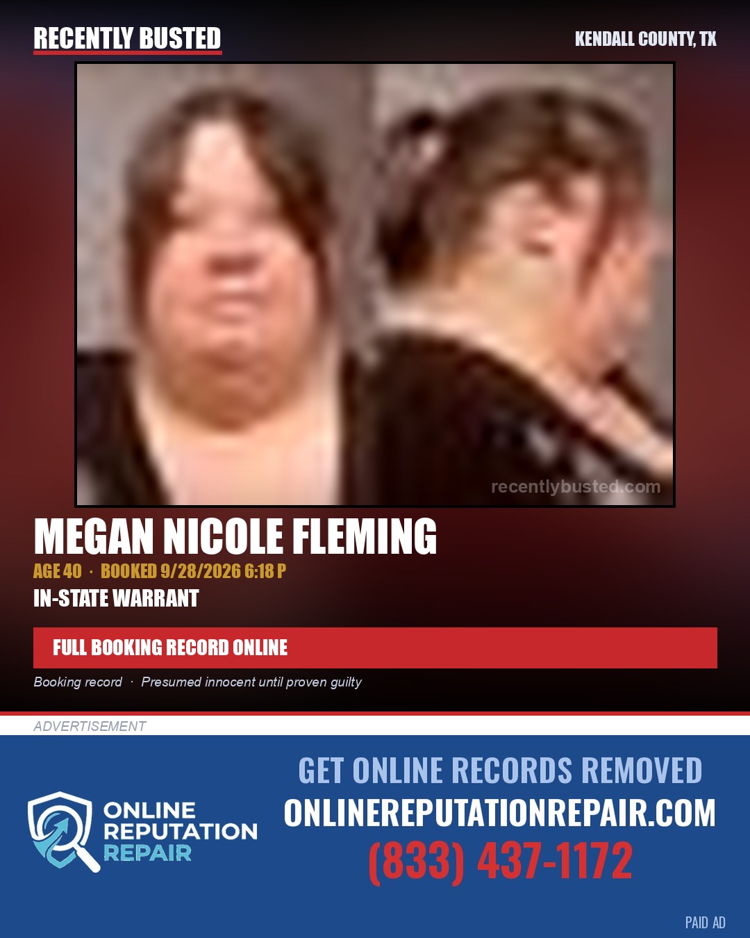 FLEMING, MEGAN NICOLE — arrest record card, Kendall County, Illinois