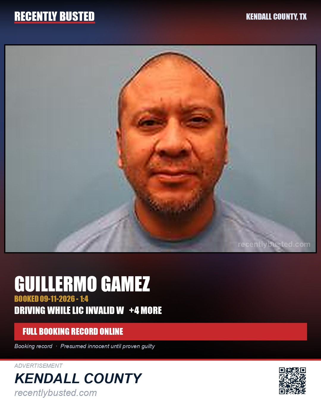 Gamez, Guillermo — arrest record card, Kendall County, Texas