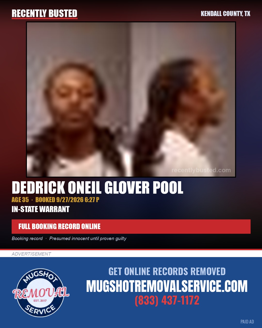 GLOVER POOL, DEDRICK ONEIL — arrest record card, Kendall County, Illinois