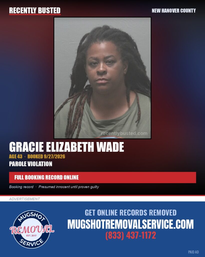 GRACIE ELIZABETH WADE — arrest record card, New Hanover